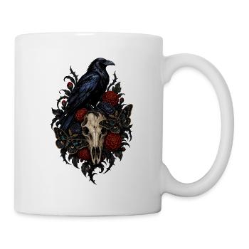 Rabe mit Schädel und Nachtblumen - Tasse - Weiß - Rechts
