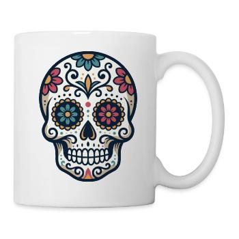 Bunte Zuckerschädel-Illustration mit floralem Dekor - Tasse - Weiß - Rechts