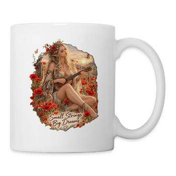 Kleine Saiten, Große Träume; Elfenmusik im Mohn - Tasse - Weiß - Rechts