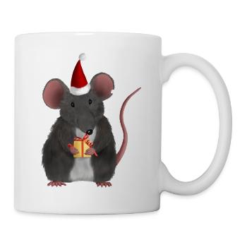 Weihnachtsratte mit Geschenk - Ohne Text - Tasse - Weiß - Rechts