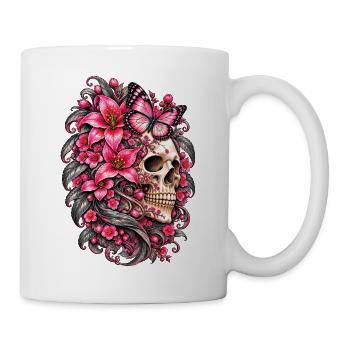 Totenkopffrau, Schädel, Schmetterlingsblüten, rosa Lilien - Tasse - Weiß - Rechts