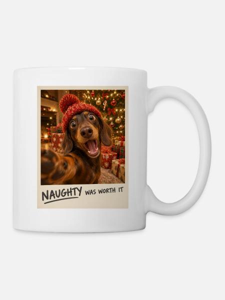 Naughty Was Worth It Dackel Selfie Weihnachten - Tasse - Weiß