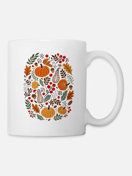 Kürbisse und Herbstfrüchte auf Blättern - Tasse - Weiß