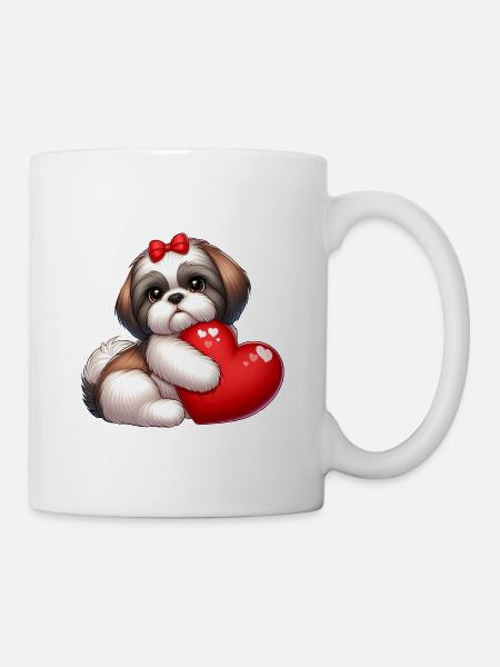 Shih Tzu umarmt ein rotes Kissen - Tasse - Weiß