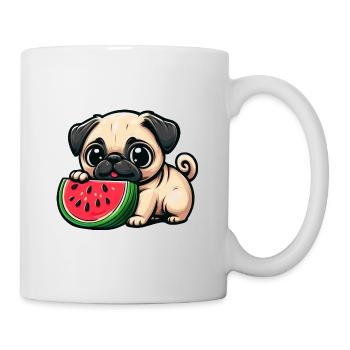 Funny cartoon pug dog eats watermelon - Mug - white - Right