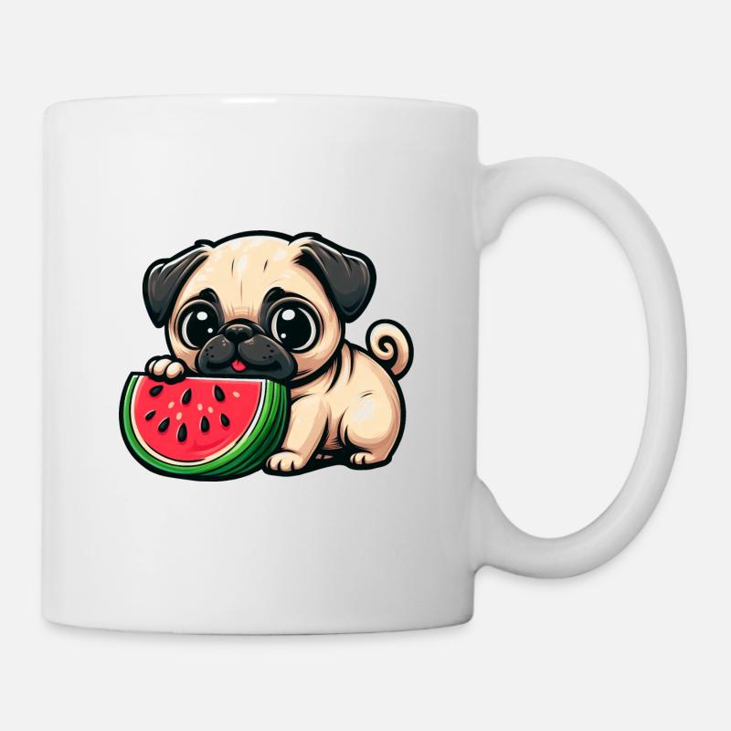 Lustiger Comic Mops Hund isst Wassermelone - Tasse - Weiß