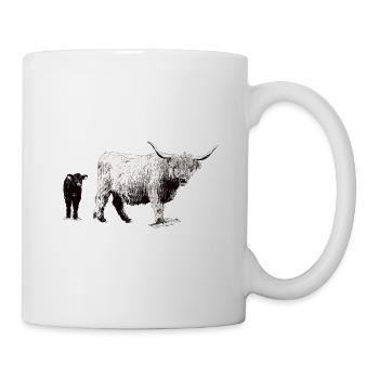 Schottisches Hochlandrind mit Kalb - Tasse - Weiß - Rechts