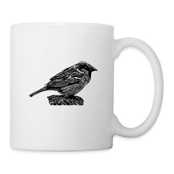 Kleiner süsser Hausspatz auf einem Ast - Tasse - Weiß - Rechts