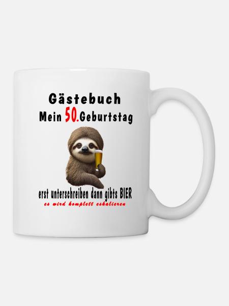 50. Geburtstag Gästebuch Faultier - Tasse - Weiß