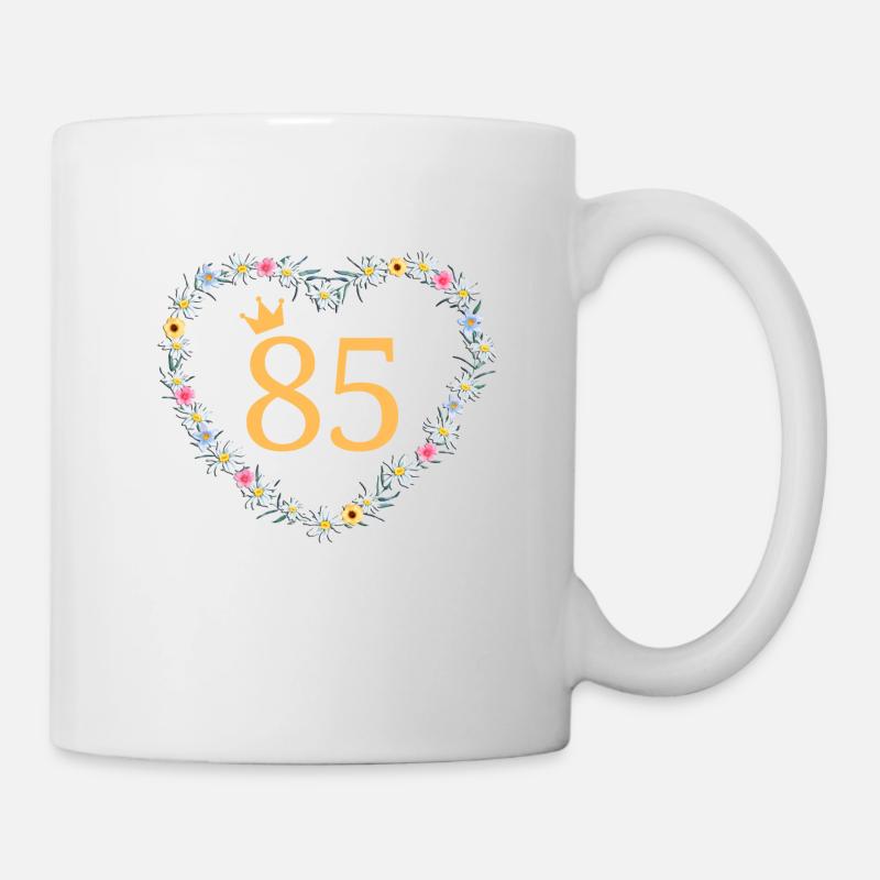 Zahl 85, Herz-Blumen, personalisierbar - Tasse - Weiß