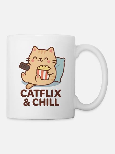 Cat Chill Popcorn Kawaii Entspannen - Tasse - Weiß