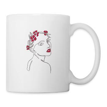 Kontinuierliche Linie Frau und Blumen rote Lippen - Tasse - Weiß - Rechts