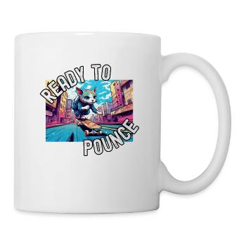 A Cat riding a Skateboard on Colorful City Street - Mug - white - Right