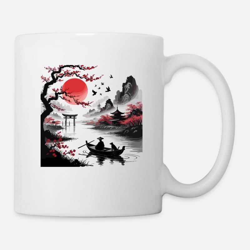 Japanischer Baum, Roter Mond, Mit, Vögel, Fliegend - Tasse - Weiß