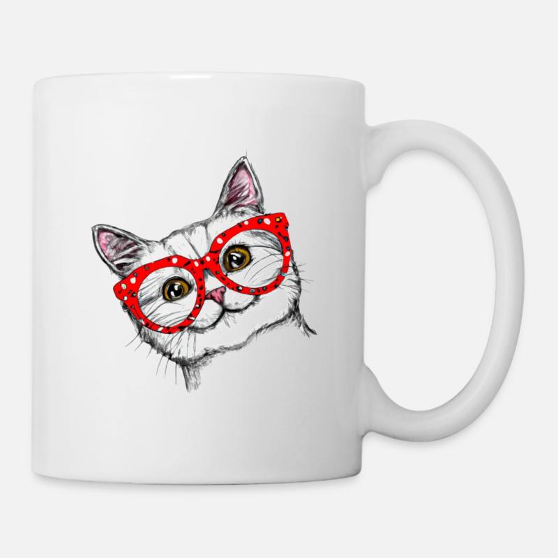 Drôle de chat avec des lunettes rouges dessinant à la main - Mug blanc - blanc