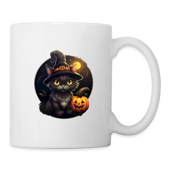 Chat noir d’Halloween avec chapeau de sorcière et citrouille - Mug blanc - blanc - Droite