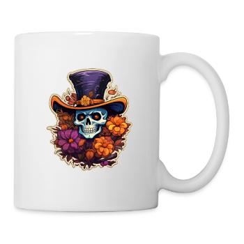 Totenkopf mit Blumen und Hut Halloween - Tasse - Weiß - Rechts