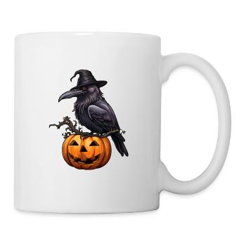 Halloween Rabe mit Hexenhut auf Kürbis - Tasse - Weiß - Rechts