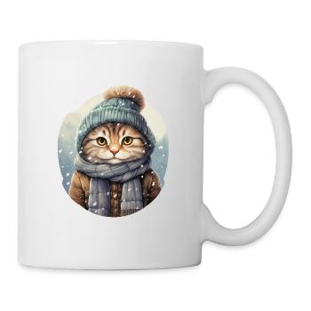 Katze im Winter mit Mütze, Schal und Jacke - Tasse - Weiß - Rechts