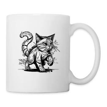 Cute little clumsy house cat in tattoo style - Mug - white - Right