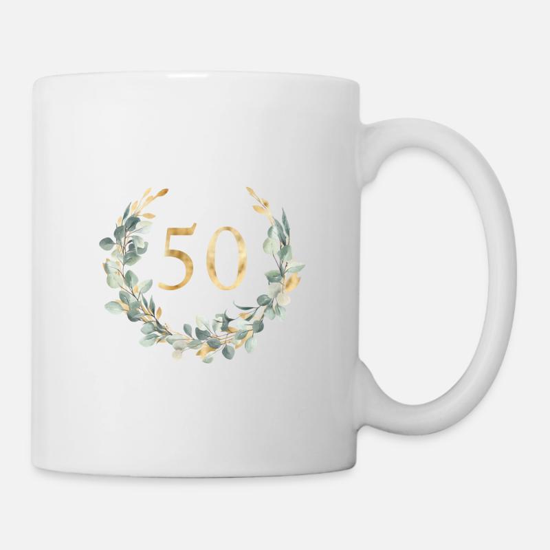 Numéro 50, couronne d’eucalyptus, personnalisable - Mug blanc - blanc