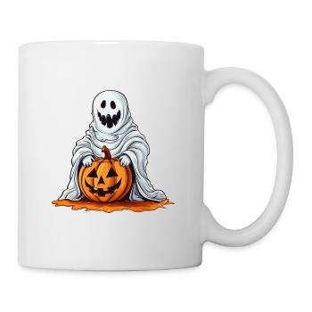 Lustiger Halloween Kürbis mit nettem Geist - Tasse - Weiß - Rechts