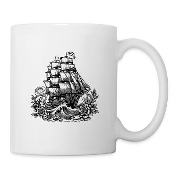 Altes Segelschiff mit Blumen, Masten unter Segeln - Tasse - Weiß - Rechts