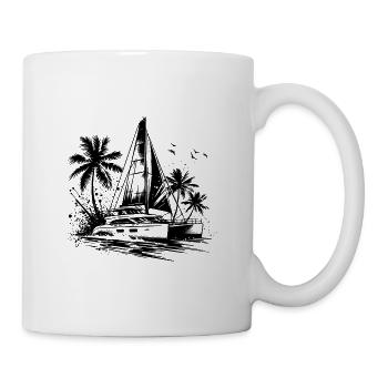 Double hull catamaran sailboat with palm trees - Mug - white - Right