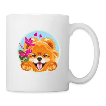 Lugender glücklicher Zwergspitzer Hund mit Blumen - Tasse - Weiß - Rechts