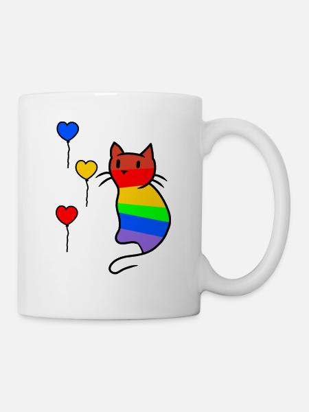 Cat Cats Kitten LGBT Rainbow Flag Love - Mug - white