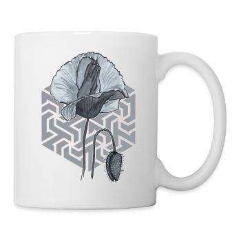 schwarzweiße Mohnblume mit Sechseck im Hintergrund - Tasse - Weiß - Rechts