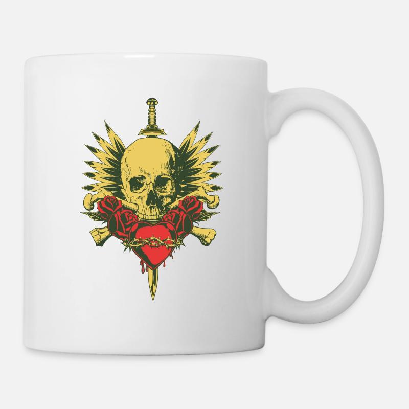 SKULL, WINGS, SWORD AND ROSES - Mug - white