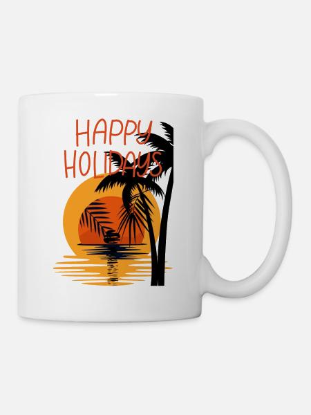 Happy Holidays Sonnenuntergang mit Palmen - Tasse - Weiß