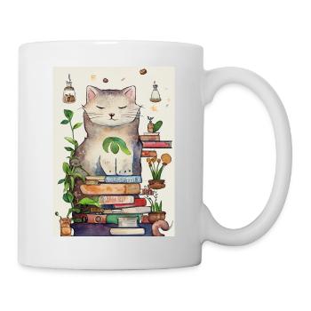 A cuddly cat on a pile of books - Mug - white - Right