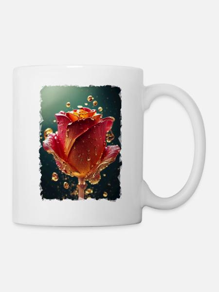 Red rose surrounded by drops of water - Mug - white