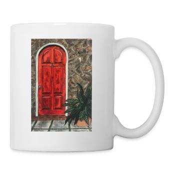 red door in natural stone wall with plant in front of it - Mug - white - Right