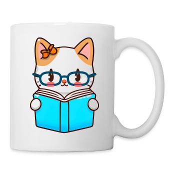 Kawaii Katze Liest Buch Kater Literatur - Tasse - Weiß - Rechts