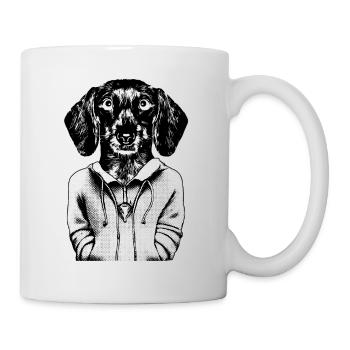 Comic Dackel Welpe im Hoodie, mit treuem Blick. - Tasse - Weiß - Rechts