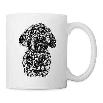 Junger sitzender Mischlingshund mit grossen Augen. - Tasse - Weiß - Rechts