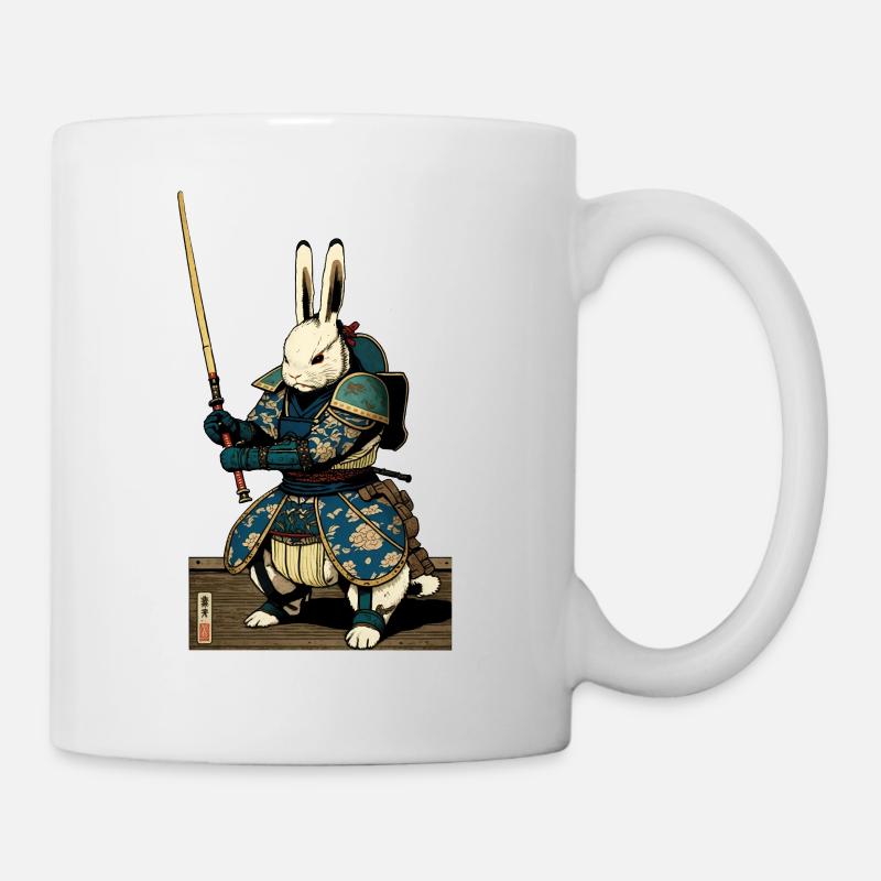 Lapin japonais en armure de samouraï de style ukiyo-e - Mug blanc - blanc
