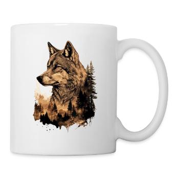 Wolf Wolfskopf Natur Wildnis Wald Bäume Kunst - Tasse - Weiß - Rechts
