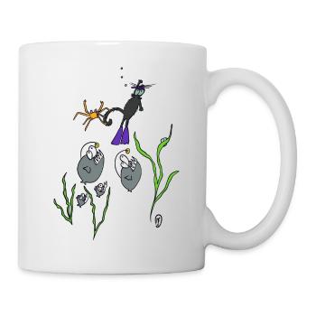 Squiti die schwarze Katze schwimmt mit Fischen - Tasse - Weiß - Rechts