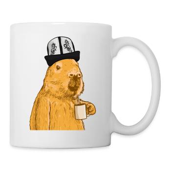 Capybara mit lustigem Hut und Kaffee - Tasse - Weiß - Rechts