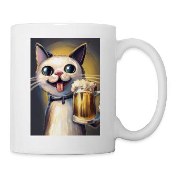 Glückliche Katze mit Bier - Tasse - Weiß - Rechts