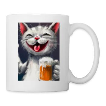 Glückliche Katze mit Bier - Tasse - Weiß - Rechts