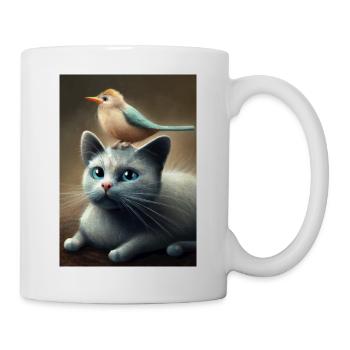 Vogel sitzt auf Katze - Tasse - Weiß - Rechts