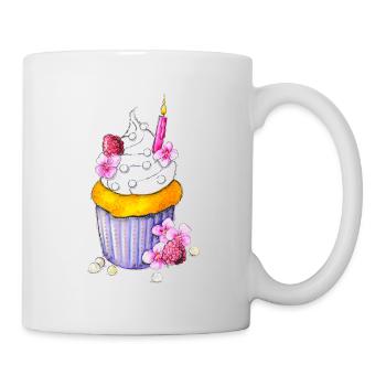 Geburtstags-Muffin mit Blueten und Perlen - Tasse - Weiß - Rechts
