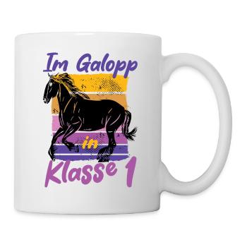 Im Galopp in Klasse 1 - Einschulung - Pferd Reiter - Tasse - Weiß - Rechts