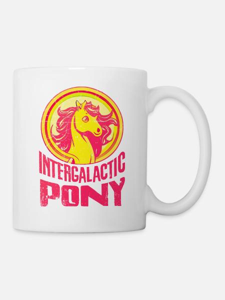 "Intergalactic Pony" Text, Logo, magenta, gelb - Tasse - Weiß