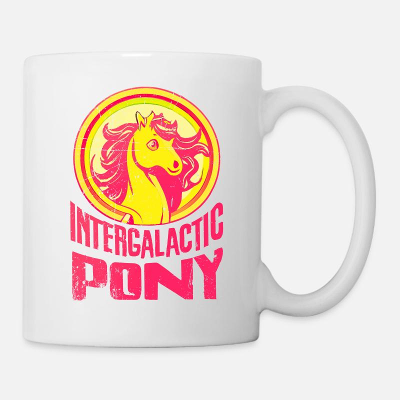 "Intergalactic Pony" Text, Logo, magenta, gelb - Tasse - Weiß